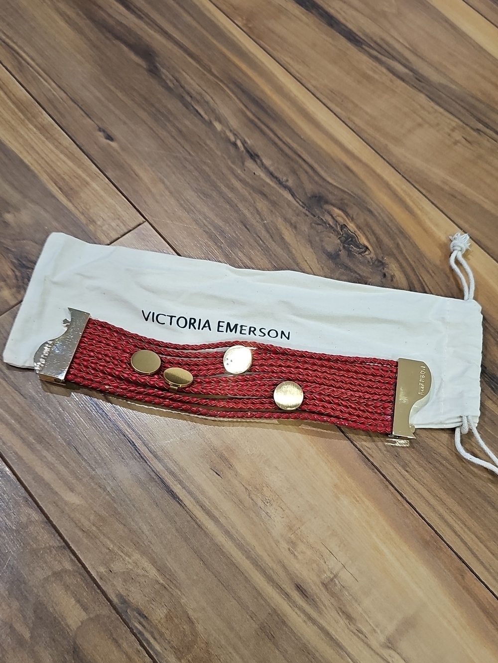 Victoria Emerson Red Woven Wrap Bracelet with Gold Hardware